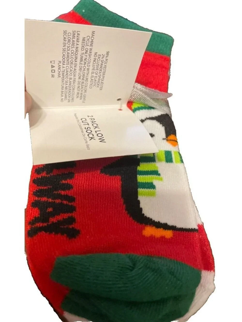 Women Socks Holiday Time 2Pk Low Cut Festive Penguin Stripe Design Shoe Sz 4-10